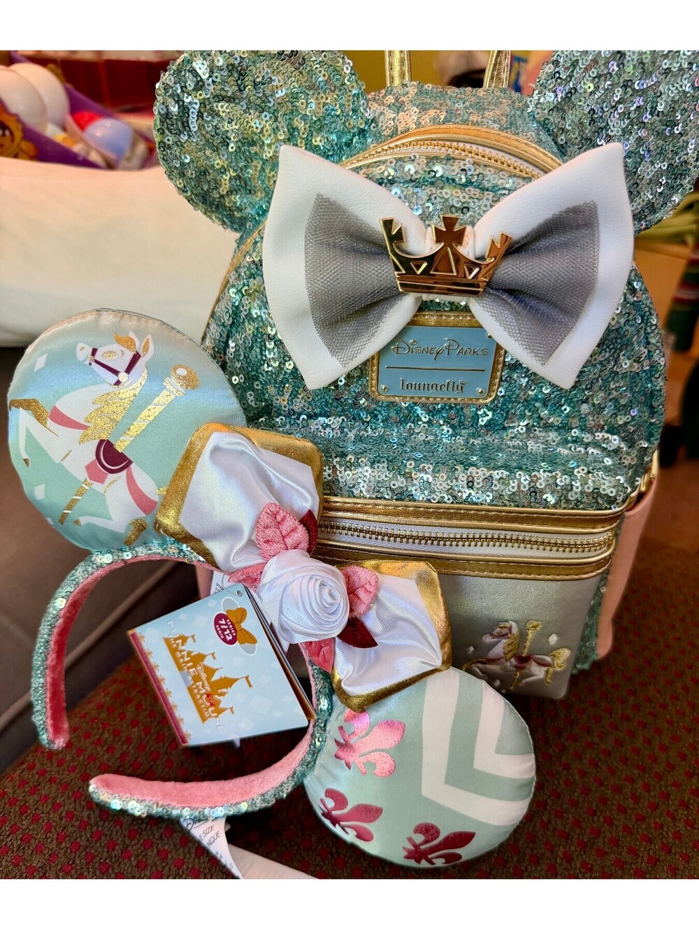 Loungefly Minnie Main Attraction King Arthur Carrousel Backpack + Ears SET NWT - Picture 3 of 14
